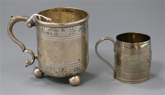 Two Victorian silver christening mugs including barrel shape, largest 82mm.